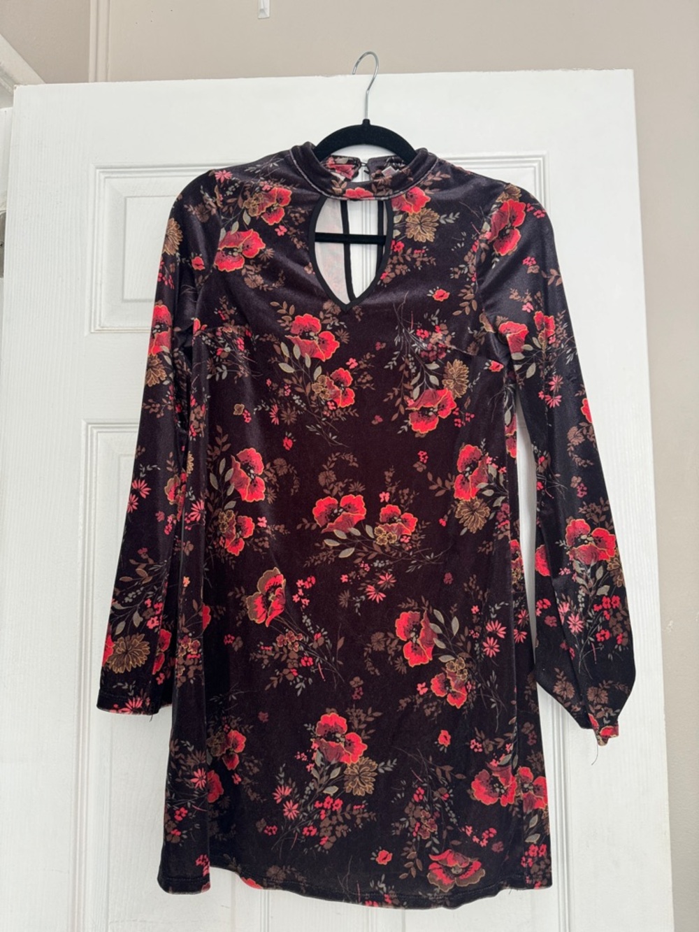 Xhilaration Black Velvet Long-Sleeve Floral Mini Dress with Keyhole